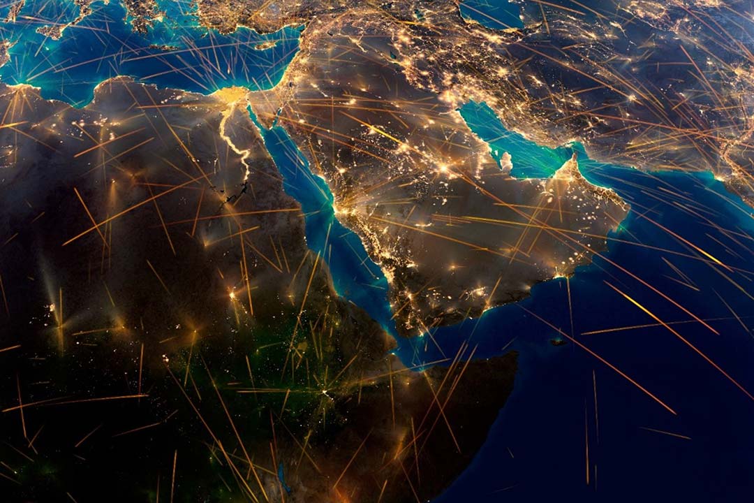 Planet Earth covered with network of air routes based on real data. Elements of this image furnished by NASA. Credit: Anton Balazh