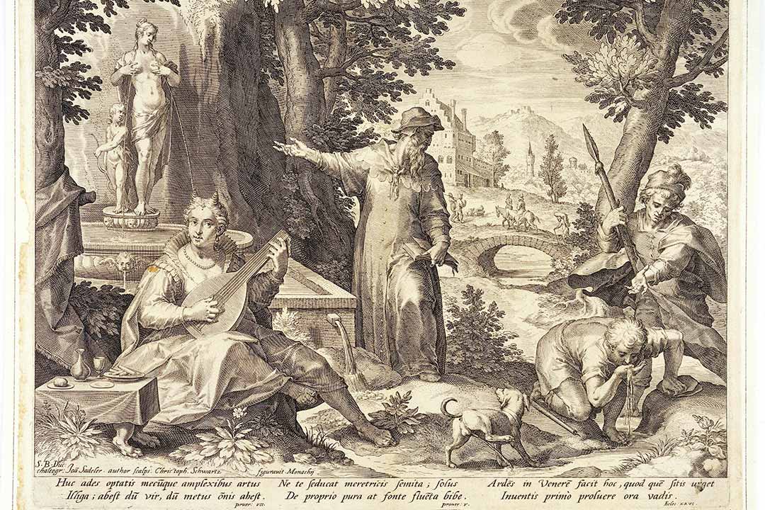 Hieronymus Fracastorius (Girolamo Fracastoro) shows the shepherd Syphilus and the hunter Ilceus a statue of Venus to warn them against the danger of infection with syphilis. Engraving by Jan Sadeler I, 1588/1595, after Christoph Schwartz.. Credit: Wellcome Collection. Public Domain Mark