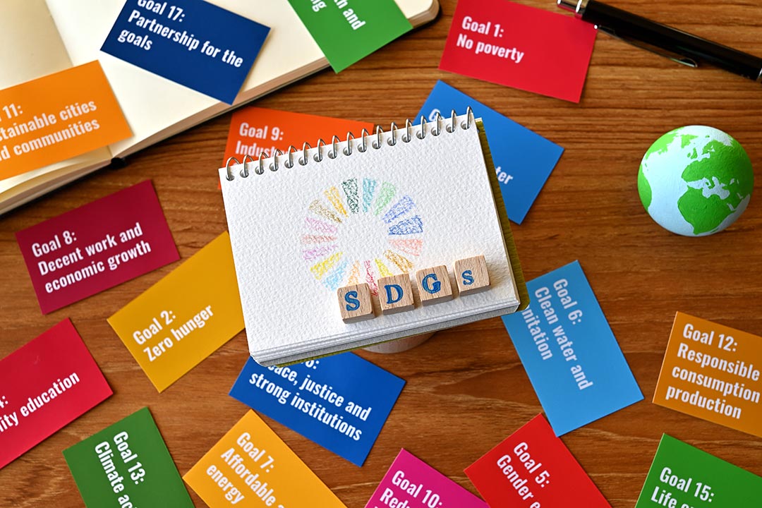 A table with a card with the SDG goals and a ball of earth, a small sketchbook with SDG symbols and a wooden cube stamped with the letters SDGs.