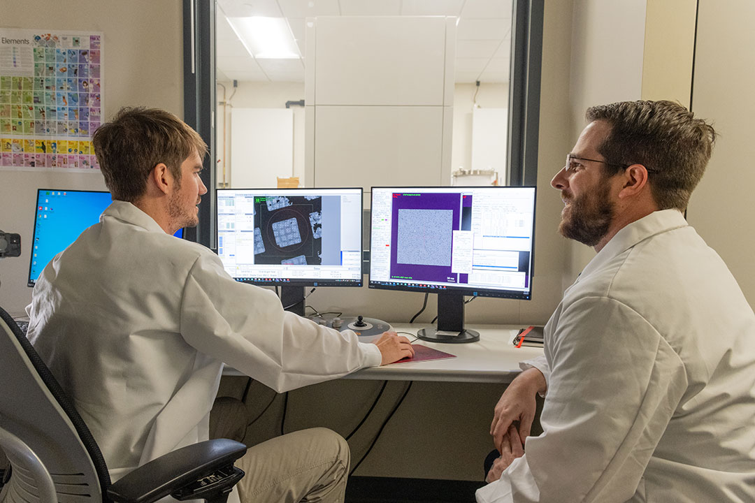Jason McLellan (right) and Patrick Byrne (left) in the Sauer Lab on campus at The University of Texas at Austin. Credit: Vivian Abagiu