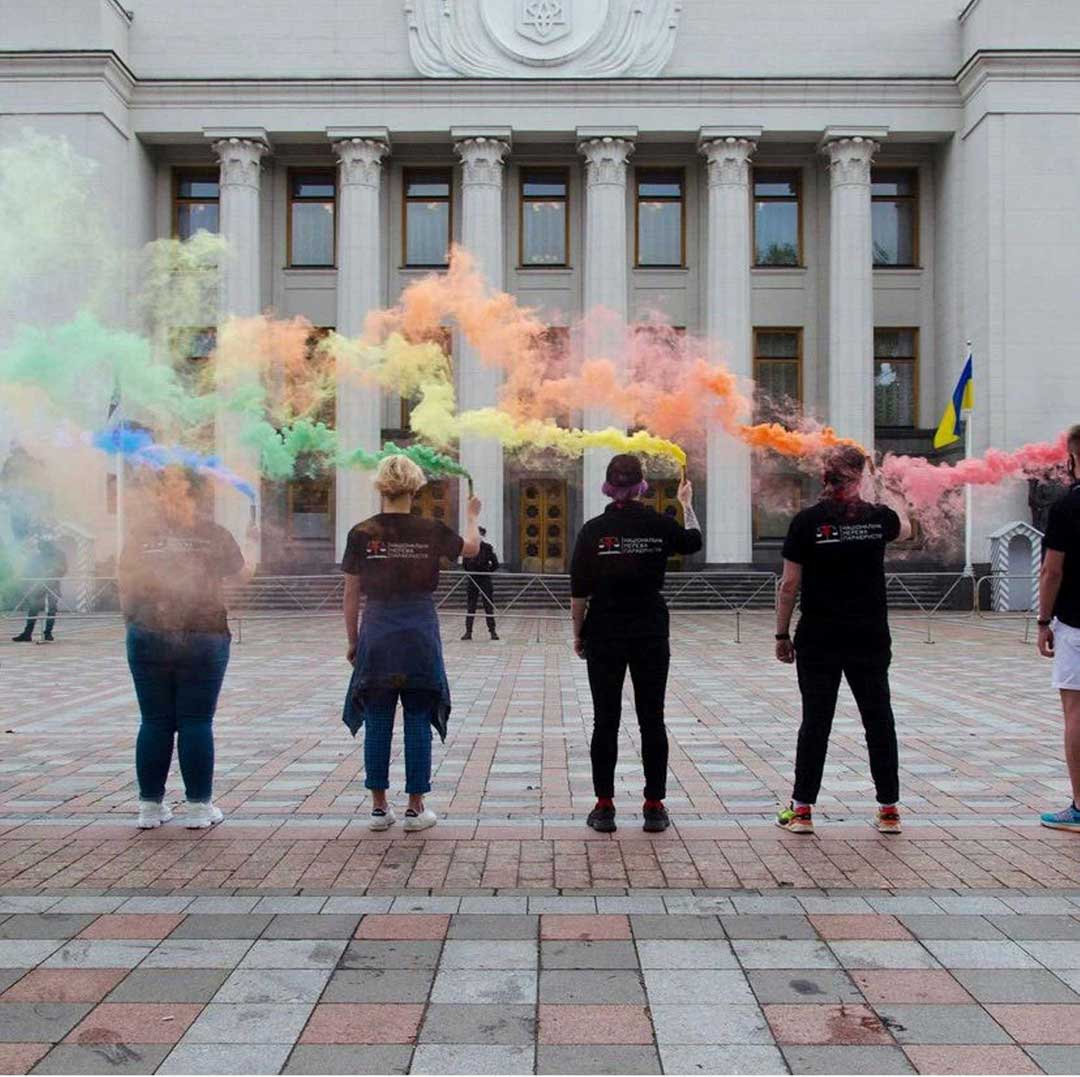Paralegals stage a protest at Ukraine’s parliament building and presidential office to call for legislation to protect the LGBTI community against discrimination during the International Day against Homophobia, Transphobia and Biphobia in May 2021. Photo: National Paralegal Hub