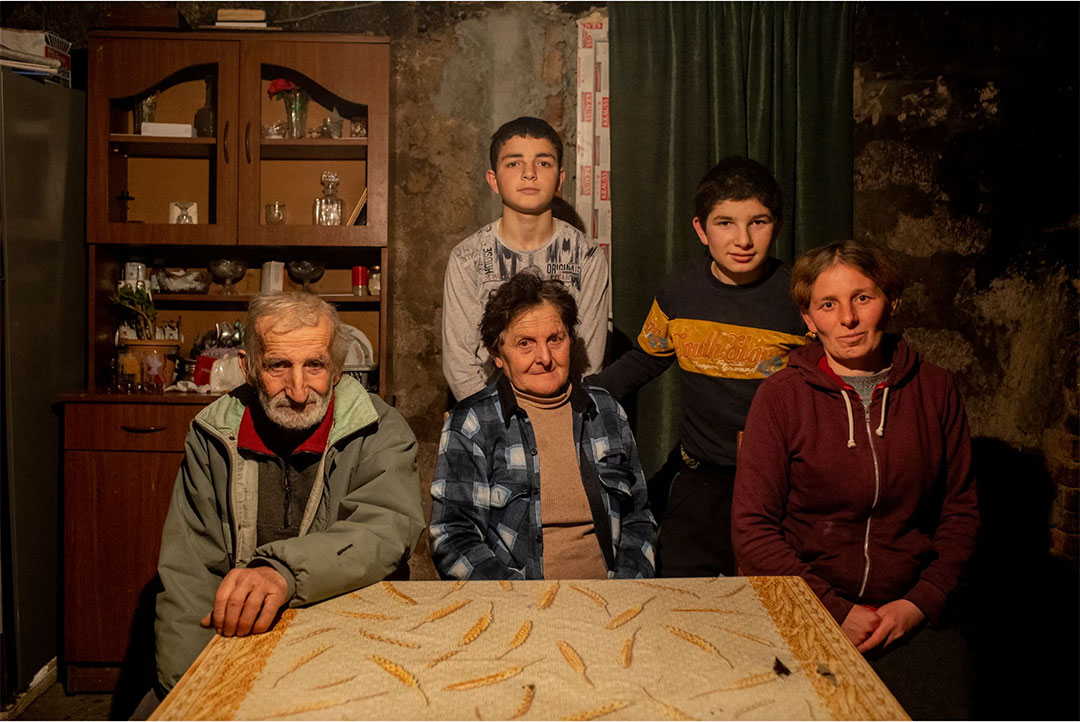 Maia Chikovani with her sons Luka (right), Saba and her parents, Nunu and Vakhtang, at their home in the village of Bashi, Georgia.