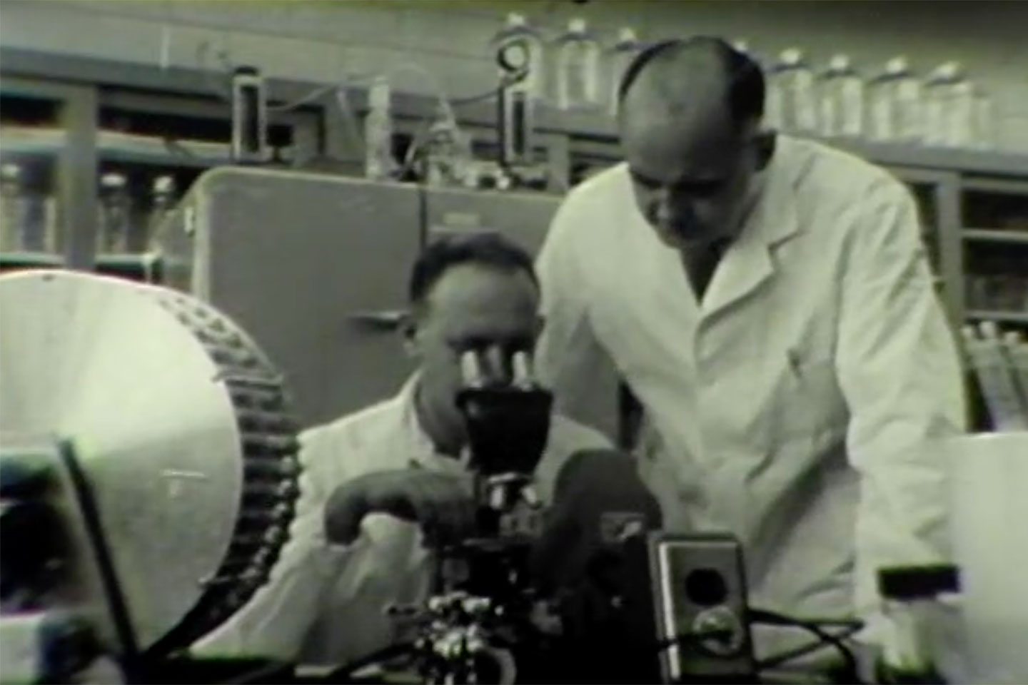 Dr Hilleman (standing) at Merck with a colleague.