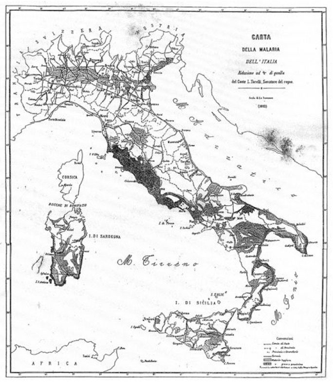 Map of malaria distribution in Italy.