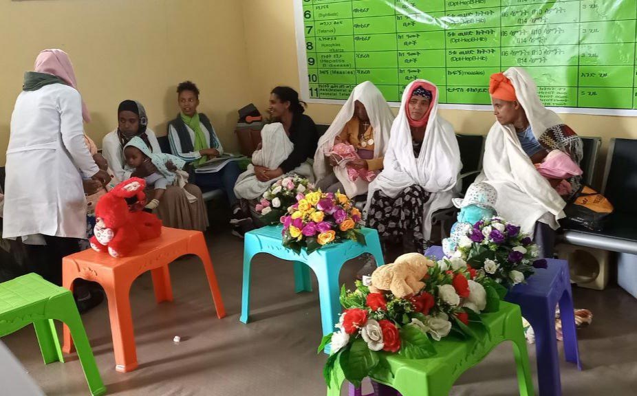 Mothers sitting in the new immunisation waiting room at Injibara health centre. Credit: Solomon Yimer