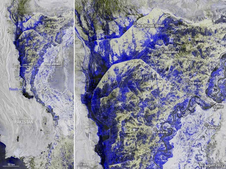 Data captured from space by Copernicus Sentinel-1 on 30 August by the European Space Agency showing the flooding in Pakistan. The left image is a wide view of the affected area. The right image zooms into the area between Dera Murad Jamali and Larkana. The blue to black colours show submerged areas. Image credit: European Space Agency (CC BY SA 3.0 IGO)