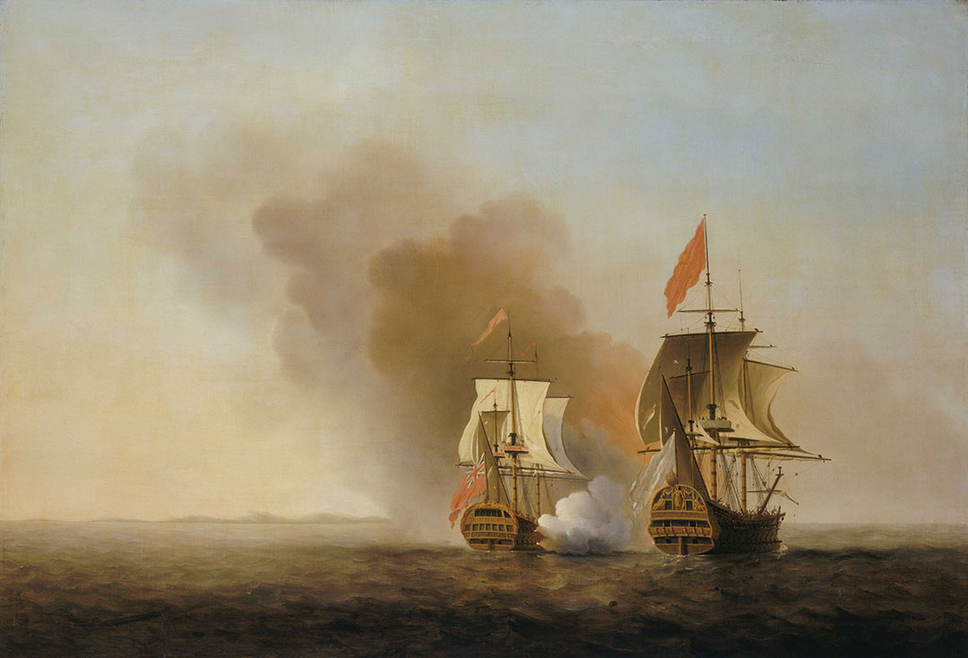 HMS Centurion fires on the Nuestra Señora de la Covadonga. Despite the loss of 1700 men, most of them to scurvy, Anson’s capture of the Spanish treasure-ship redeemed his mission in the eyes of the navy and the British public. From the "National Maritime Museum, Greenwich, London" – Creative Commons CC-BY-NC-SA-3.0 license