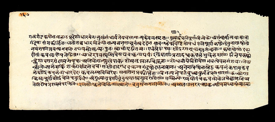 Page of text from the Susrutasamhita, an ayurvedic textbook, on various surgical procedures and surgical instruments. The text presents itself as the teachings of Dhanvantari, King of Kasi (Benares) to his pupil Susruta. Credit: Wellcome Collection. Attribution 4.0 International (CC BY 4.0)