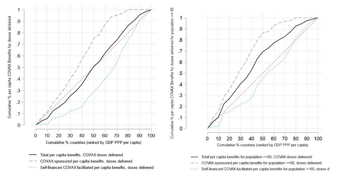 Figure 3. Concentration curves for doses delivered across the entire population (left); and doses delivered across the population aged 65 years and older (right).