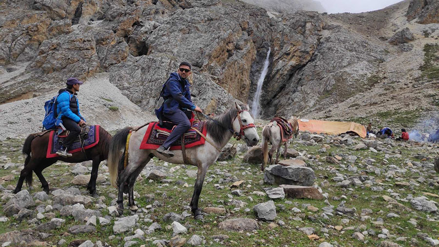 Dr Prasanna Karki heading toward Bhijer village in Upper Dolpa: five days by horseback from the district headquarter.