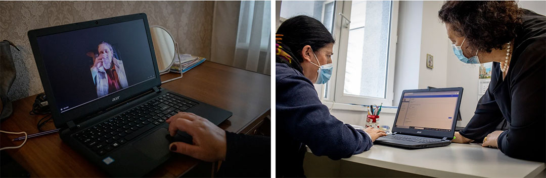 Nurse Maia Kintsurashvili (right) and nurse Manana Kutateladze review video submissions of patients taking their TB medications on the AdhereTB application at the Tskaltubo Hospital in Georgia.