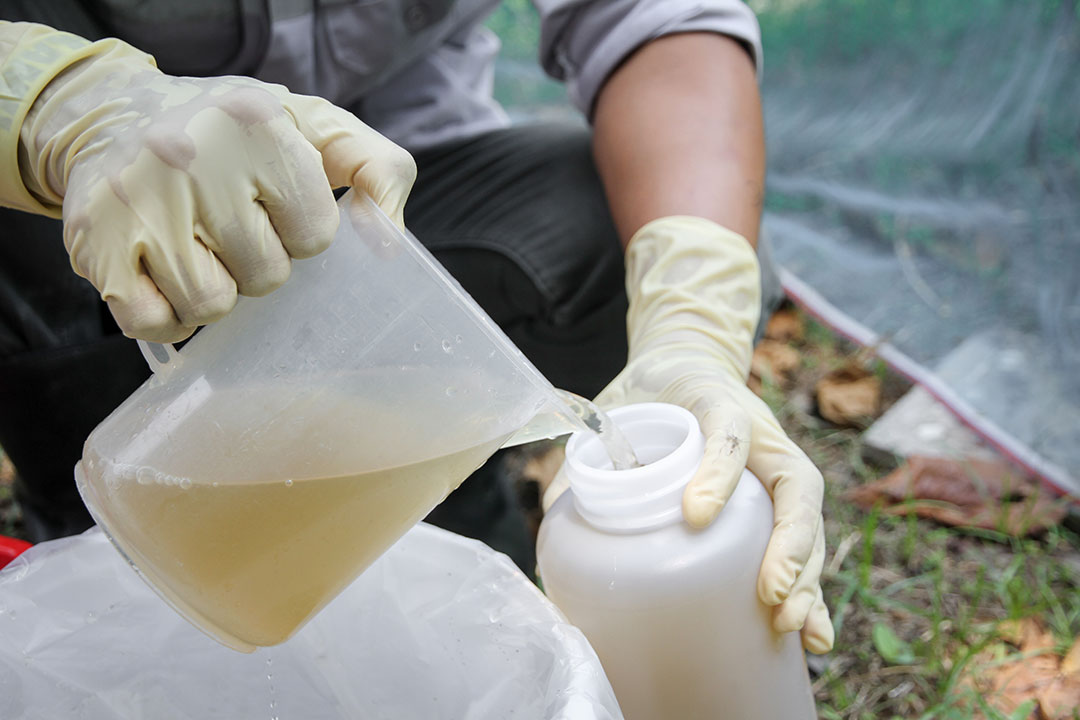 Wastewater sampling by Method Composite sampling. ( Pouring water put bottles )