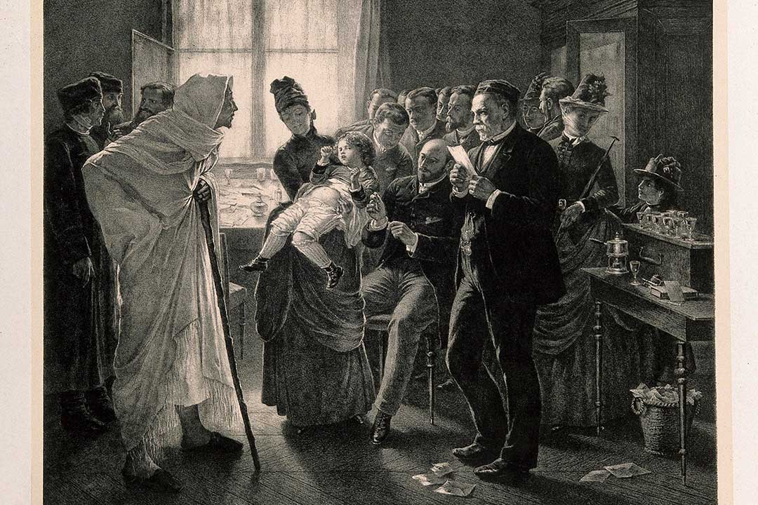 Rabies vaccination in Pasteur's laboratory in Paris. Lithograph by F. Pirodon, 188-, after L.-L. Gsell.. Attribution-NonCommercial 4.0 International (CC BY-NC 4.0)