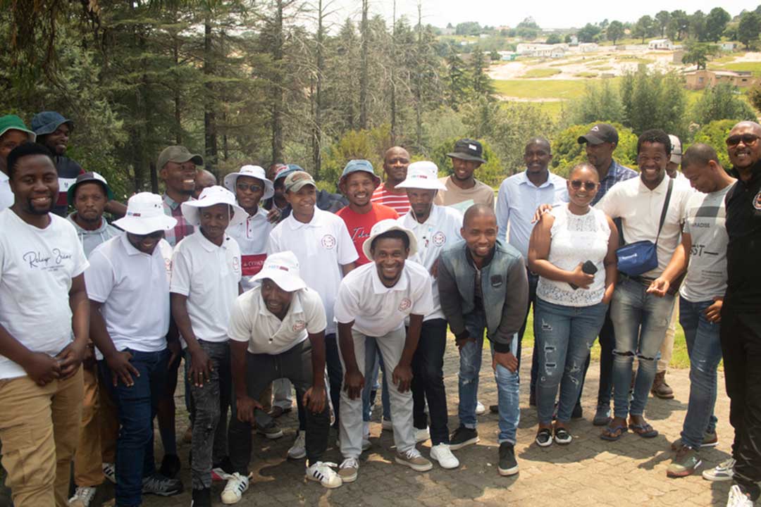Lesotho male mobilisers pose for a picture along with Mantsopa Institute staff at the refresher course in January 2023. Credit: Mosoeu Maliehe
