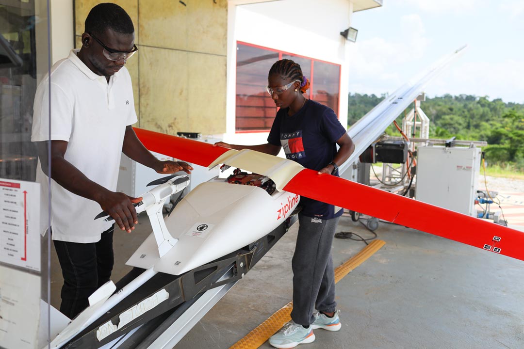 Mid-May at Zipline's Sefwi Wiawso hub: a drone is loaded with its lifesaving payload, ready for a flight to one of more than 400 Western North clinics. Credit: Nipah Dennis