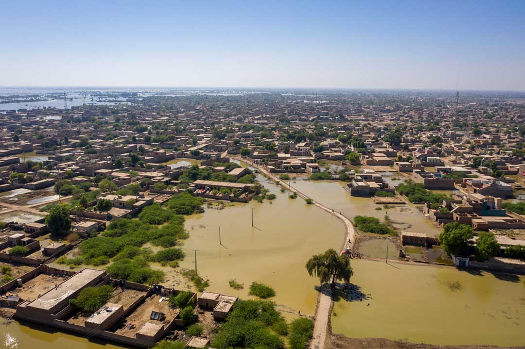 Ariel view of a flooded urban residential area of Dera Allah yar city in Jaffarabad District, Baluchistan Province, Pakistan. Credit: Gavi/2022/Asad Zaidi