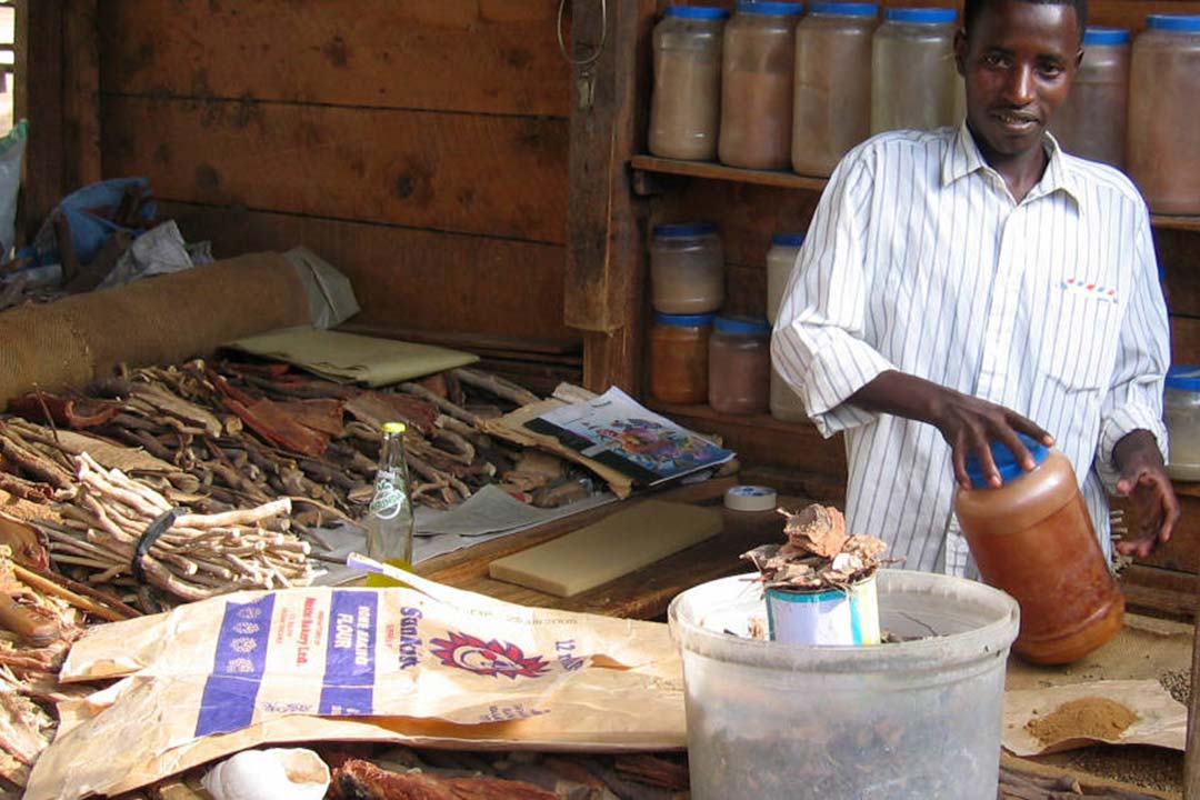 A local herbal shop keeper displaying his assortment of traditional medicines in Arusha, Tanzania. The traditional medicine market is projected to reach US$115 billion by the end of this year. Copyright: neiljs (CC BY 2.0)
