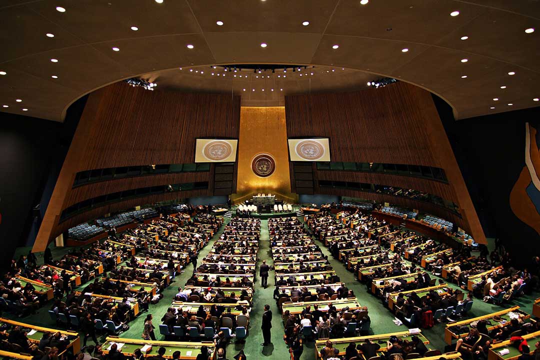 United Nations General Assembly Hall in the UN Headquarters, New York, NY