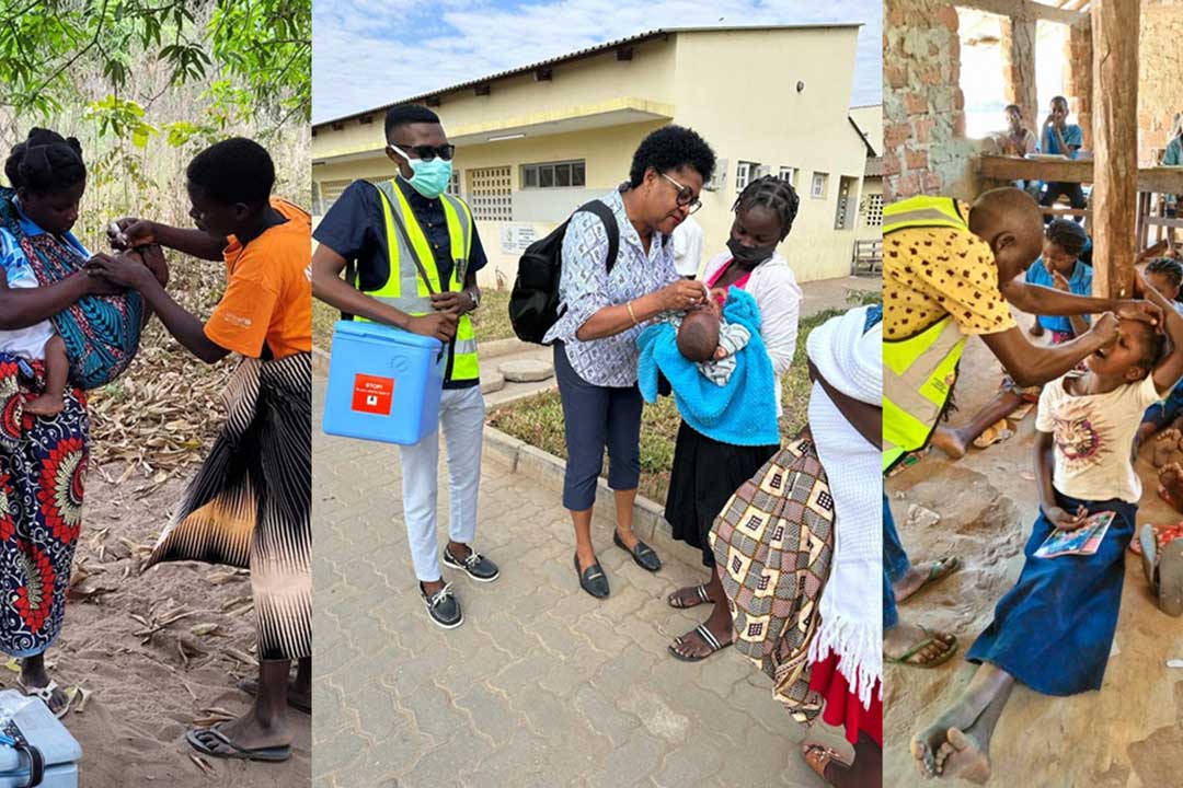 In these photos, health workers – including Luciana Flannery, PhD, a biologist in CDC’s Global Immunization Division (center) – give oral polio vaccines to children and infants in Mozambique. Credit: Luciana Flannery/CDC
