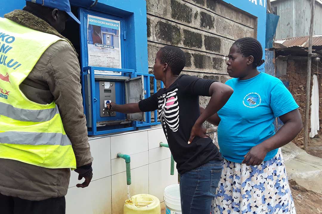 There are 25 water ATM machines in Kibera today. Each water ATM targets at least 100 households per day providing clean, safe and cheap water for all households use. Credit: Joyce Chimbi