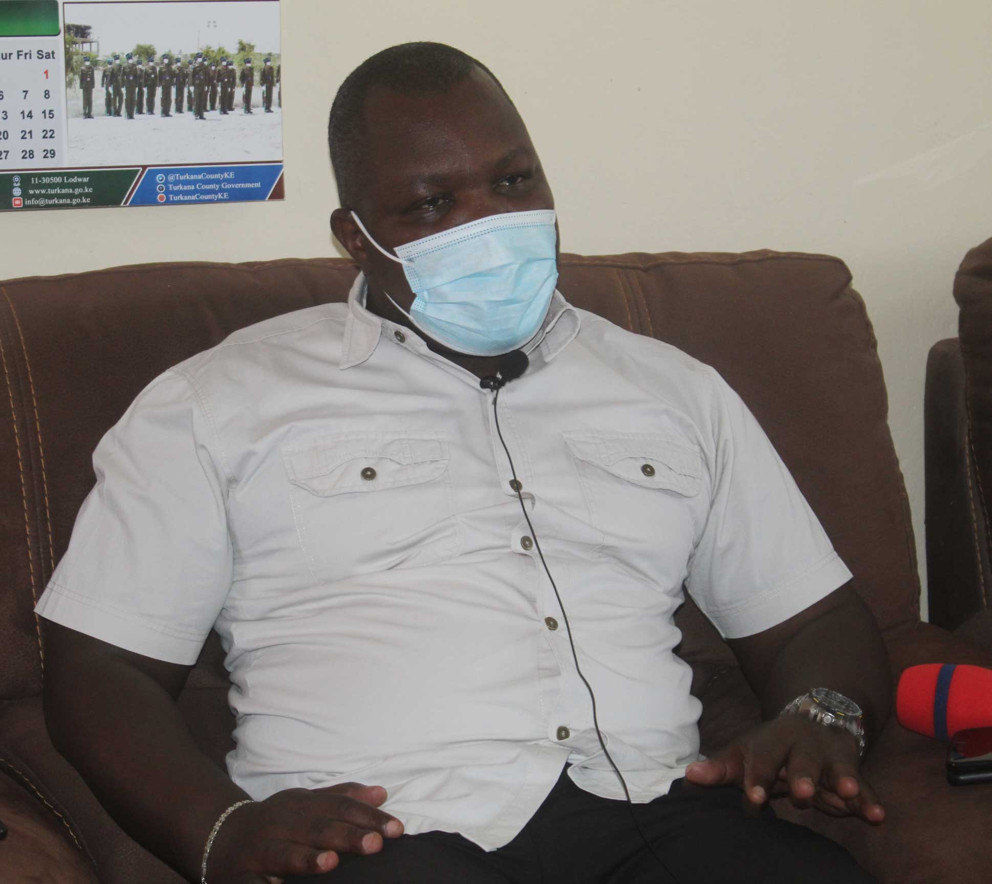 Acting Chief Officer for Health Gilchrist Lokoel address press in his office at Lodwar Turkana County. Credit: Abjata Khalif.