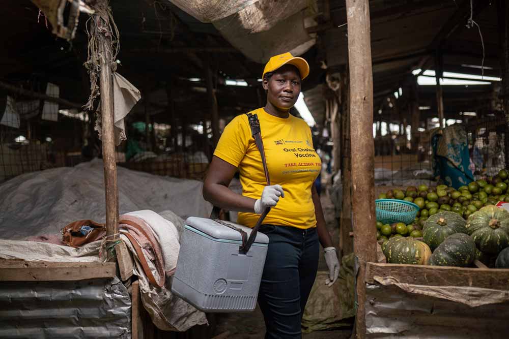 Caroline Moraa, a Community Health Volunteer from Kitengela Sub County Hospital is championing and sensitizing on the importance of Cholera vaccination inside the community of Kitengela. August 10th, 2023. Credit: Kelvin Juma