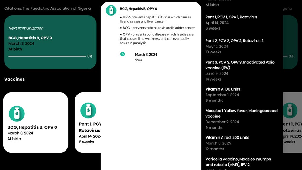 The app’s dashboard is where mothers get details about the various vaccinations their babies are recommended to get. Credit: Zubaida B Ibrahim