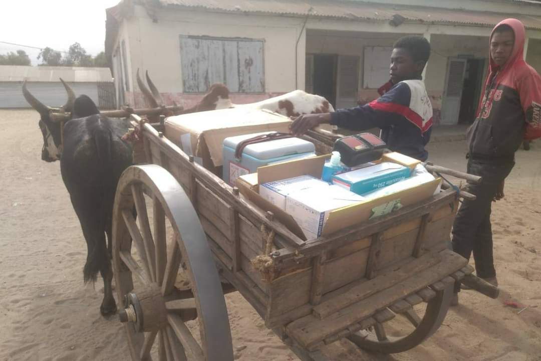 Une charrette chargée d'équipements et de vaccins est prête à quitter la ville d'Ambovombe Androy pour aller en brousse (photo crédit : Dr Tsivahiny Paubert/DRSP Androy)
