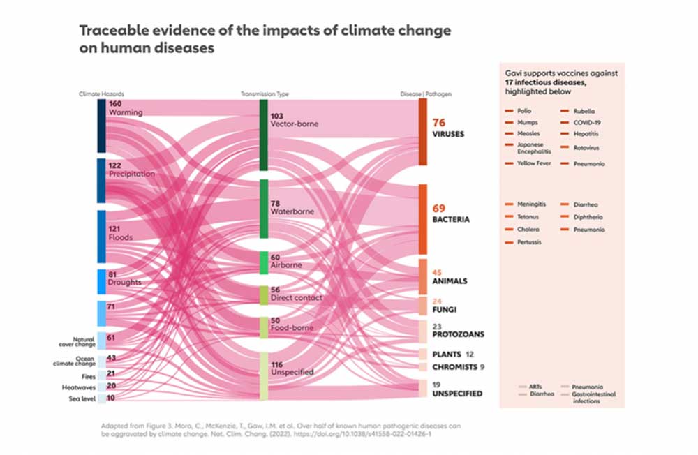 Chart: traceable evidence of the impacts of climate change on human diseases.