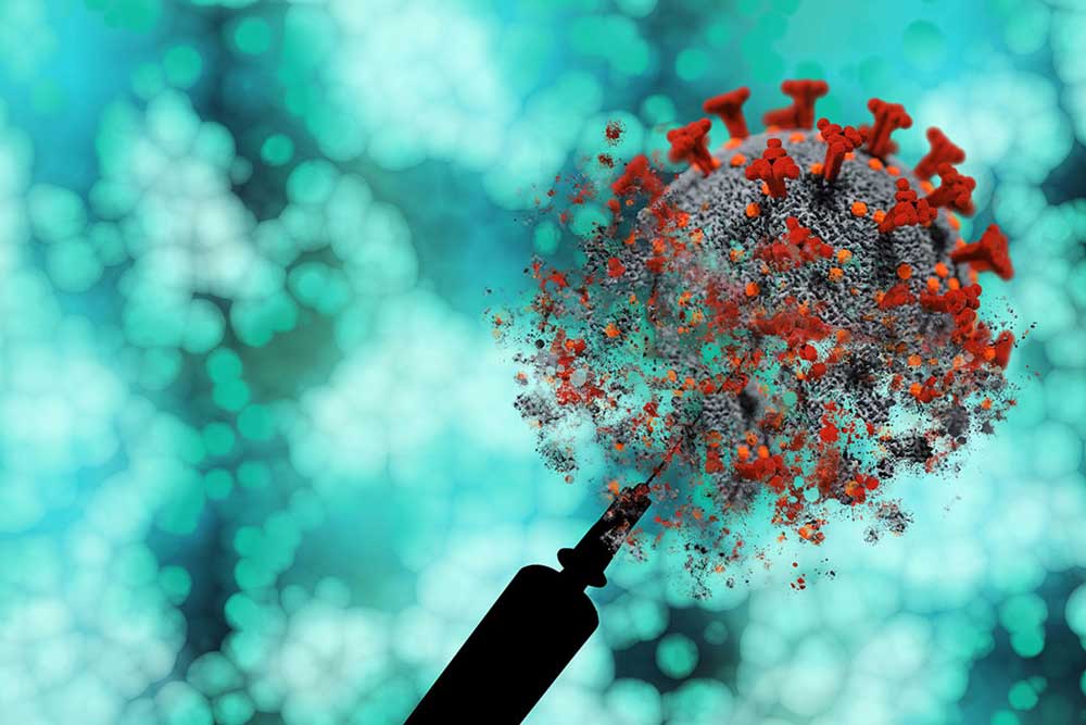 Rendered picture of COVID-19 virus and a syringe