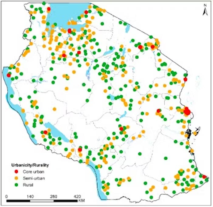 Figure 1: Each dot on this map represents a group of households surveyed during the 2016 Tanzania Demographic and Health Survey (DHS) and the three categories of urbanicity derived from satellite imagery.