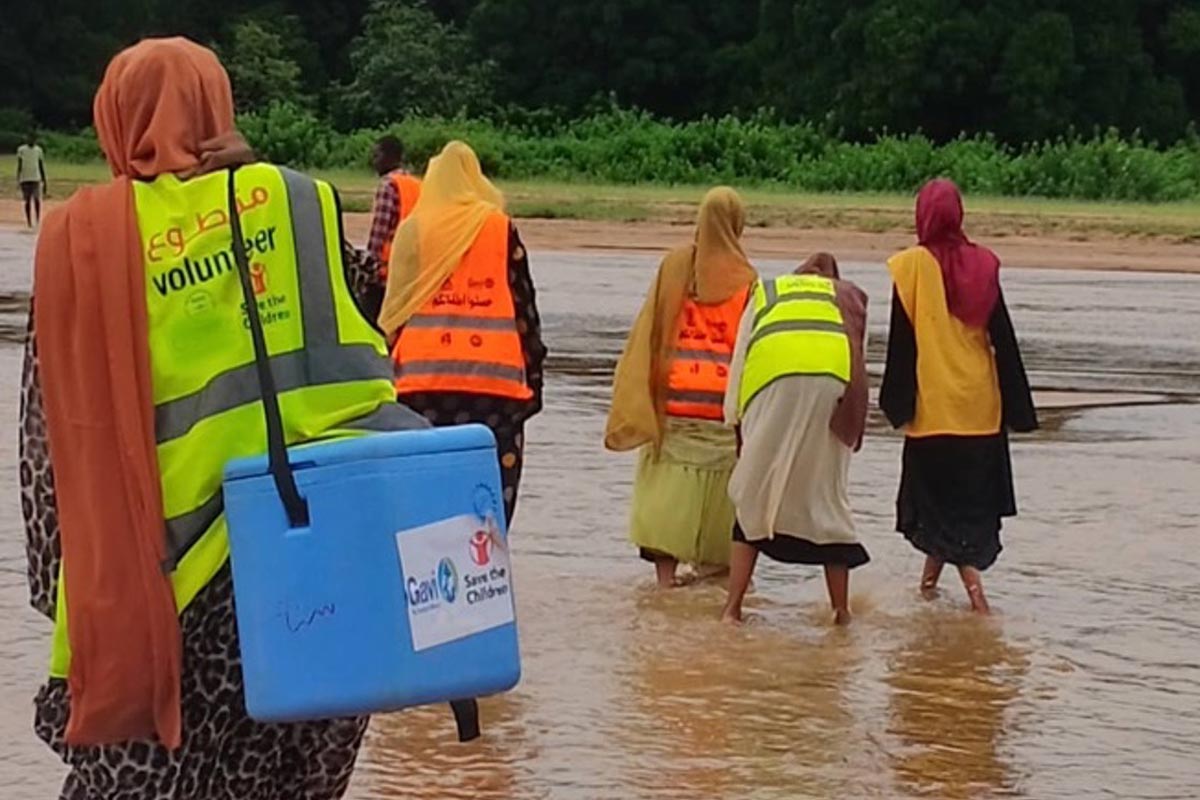 Outreach vaccination team crossing a river during the rainy season, South Kordofan State, 2024. Credit: vaccination team member, SK, Sudan