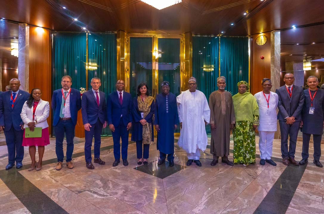 His Excellency President Bola Ahmed Tinubu (pictured centre), and Coordinating Minister of Health & Social Welfare Muhammad Ali Pate (sixth from right) meet the Gavi delegation led by Sania Nishtar (sixt from left). Credit: Government of Nigeria