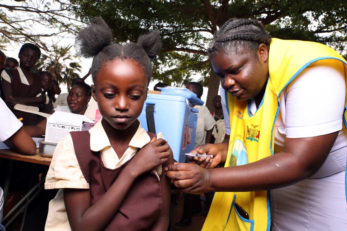 HPV vaccine to prevent cervical cancer is administrated to school children in Lusaka, Zambia. Credit: Gavi/2023/Peter Caton