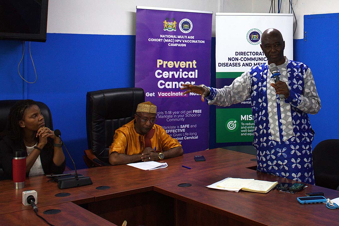Director of Programs at the Ministry of Basic and Senior Secondary School Education, Abubakar Kuyateh, talks about collaboration with the Sierra Leone Ministry of Health. Credit: Saidu Bah