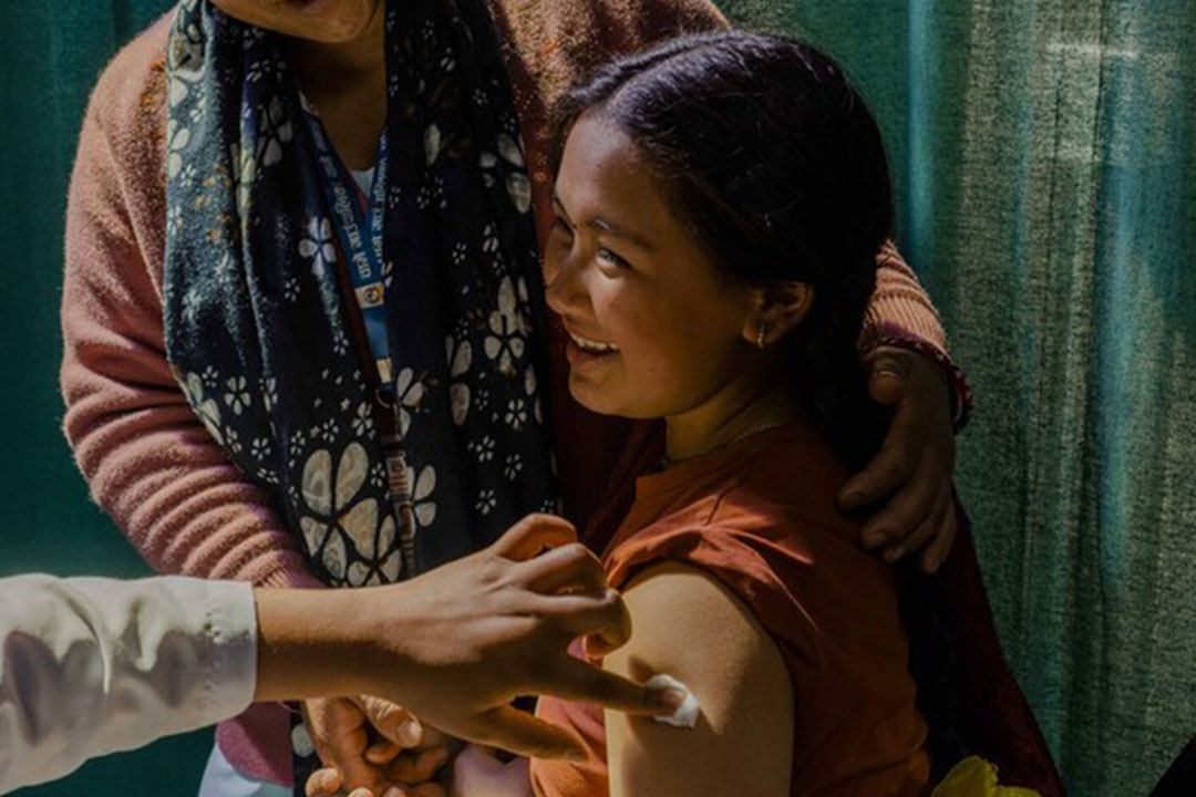 Diya Thapa Magar-12 receives the HPV vaccine in Timang, Nepal at Shree Gaurisankhar Basic School.
