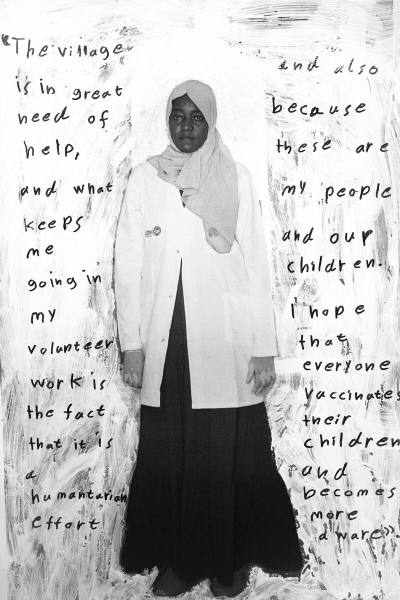 Samia, a vaccination assistant volunteer for three years at Humra Health Center. "The village is in great need of help, and what keeps me going in my volunteer work is the fact that it is a humanitarian effort. And also because these are my people and our children. I hope that everyone vaccinates their children and becomes more aware." Humra, Galabat Ash-Shargiah, Sudan. March 9, 2025.