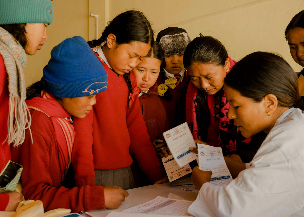 Girls receive the HPV vaccine at school. Timang, Nepal. March 3, 2025.
