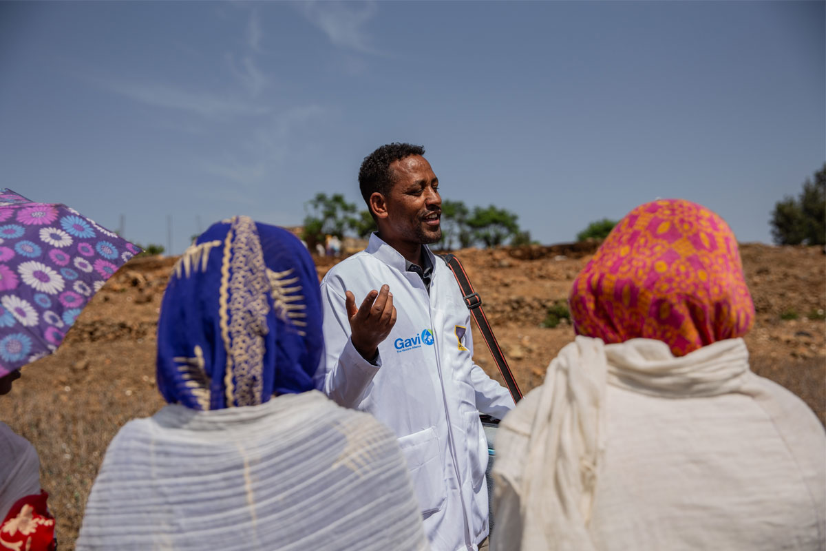 Mebratu Gebreselassie during one of several monthly outreach sessions to communities around Adiet Semema Primary Hospital. Of the 40 children he vaccinates on average, he estimates that nearly 20 are zero-dose children and 5–7 are under-immunised. Credit: Martha Tedesse/IRC
