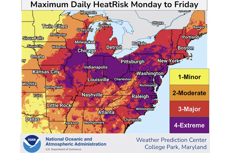 The Weather Prediction Center’s heat forecast, released June 22, shows the maximum heat risks states can expect to see at some point during the week of June 23-27, 2025.  Credit: NOAA  Weather Prediction Center