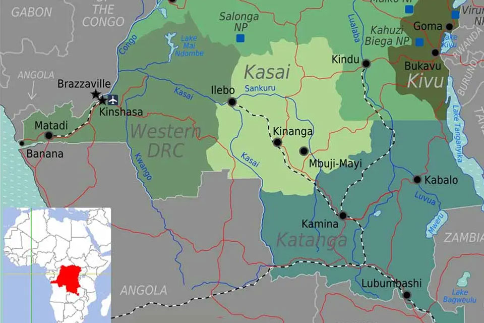 Map showing the location of Kasai in the Democratic Republic of Congo.