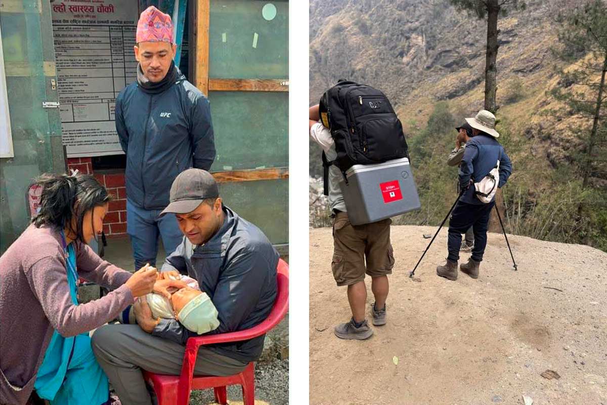 (Left) A health worker administering a vaccine to a girl who had previously missed her dose. (Right) Health workers trekking with vaccines in Tsum Nubri rural municipality. Credit: Nani babu dani