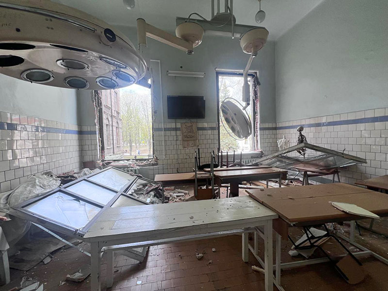 On several occasions, Dnipro State Medical University has suffered collateral damage from attacks on nearby Pivdenmash, including an April 2025 strike that wrecked this operating theater.  CREDIT: COURTESY OF YULIA LAPA