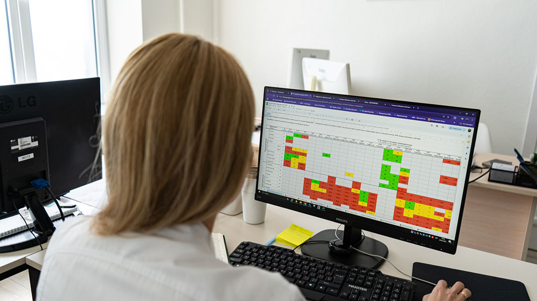 Clinical pharmacist Nataliia Aliieva views a spreadsheet showing alarming rates of antibiotic resistance in more than 6,800 diagnostic samples collected by hospitals in the First Lviv Territorial Medical Union.  CREDIT: COURTESY OF HAILIE UREN