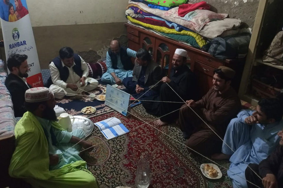 Quetta: Participants during a session on men’s engagement to promote immunization and gender equality are taking part in a rope-web exercise by tossing a ball of rope to one another for sharing key lessons and insights from the discussion. Credit: Organization for Community and Social Development (OCSD)