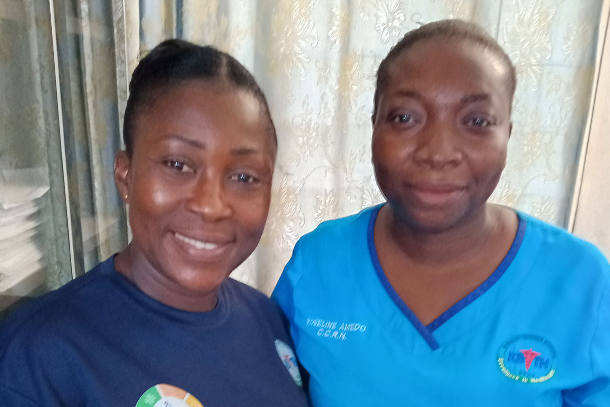 Susuanna Odoi, public health nurse (left) with Roseline Amedo, critical care nurse all at the Korle Bu Polyclinic in Accra, Ghana. Credit: Francis Kokutse