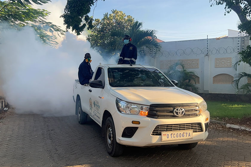 Mombasa County health officers use a van mounted with a fogging machine to fumigate the streets of Mombasa, to tackle the mosquitoes that spread Chikungunya and other diseases. Credit: Diana Wanyonyi