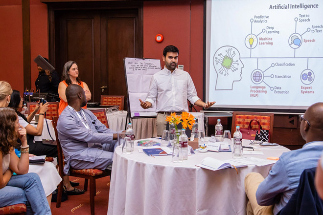Dr Bilal Mateen, PATH's Chief AI Officer, delivering remarks on the future of AI in healthcare delivery. Credit: PATH