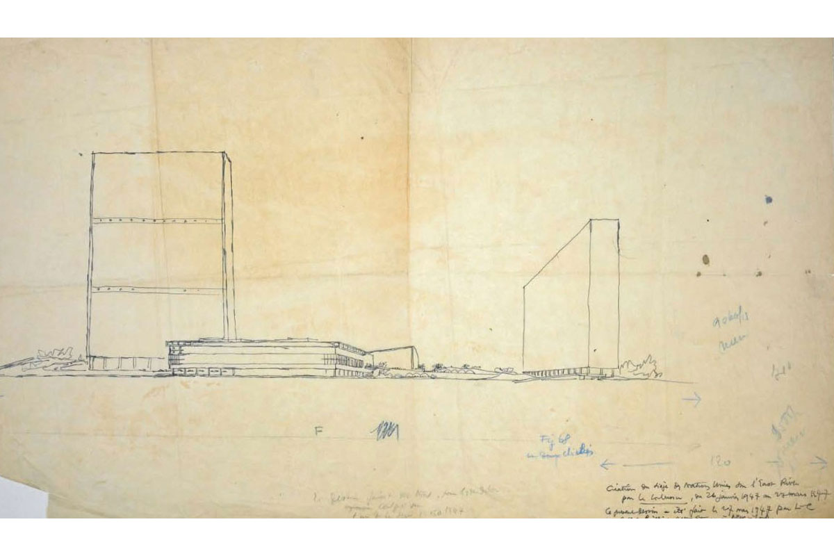 Perspective, proposal for the UN headquarters, including the General Assembly and Secretariat, 27 March 1947, by Le Corbusier. Credit: Pascal Barollier via LinkedIn