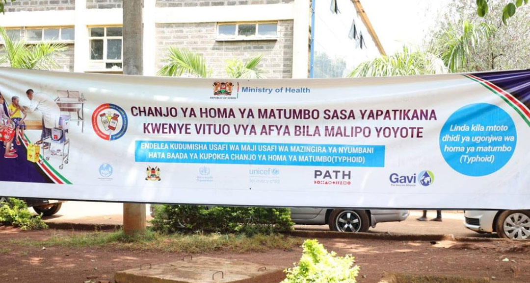 A Ministry of Health banner announces the availability of free typhoid vaccination at the Vihiga County Referral Hospital. Credit: County Government of Vihiga